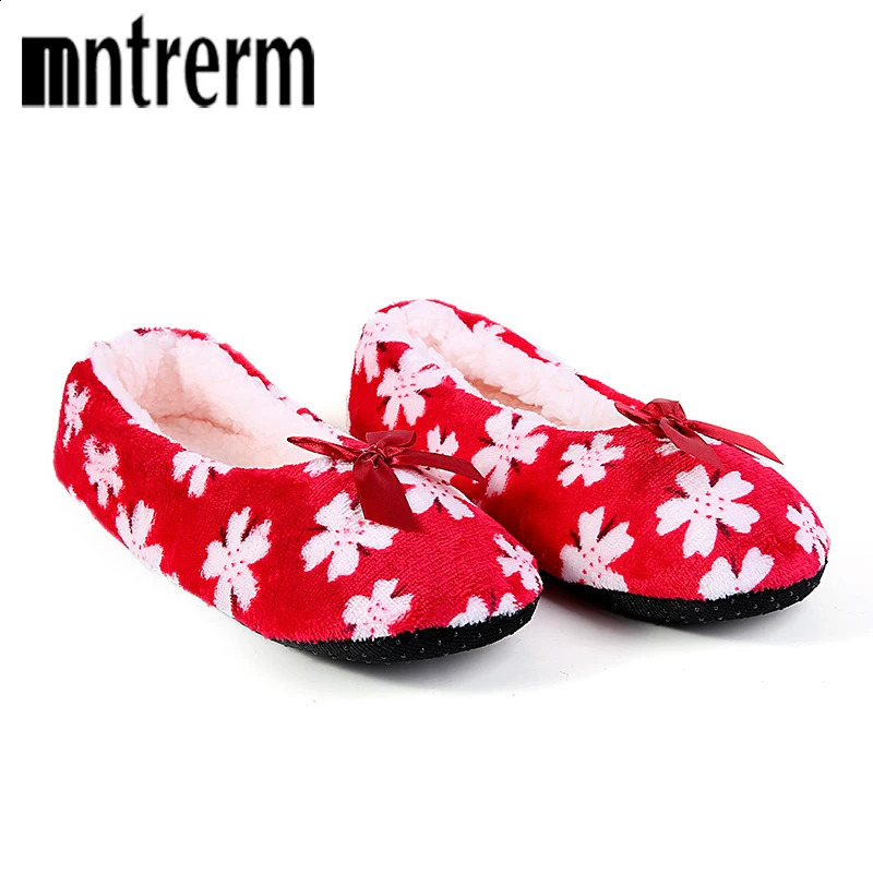 Mntrerm Warm At Home woman Slippers Cotton Shoes Plush Female Floor Shoes Non-slip Indoor Bow tie dots Shoes woman Home Slipper 240819