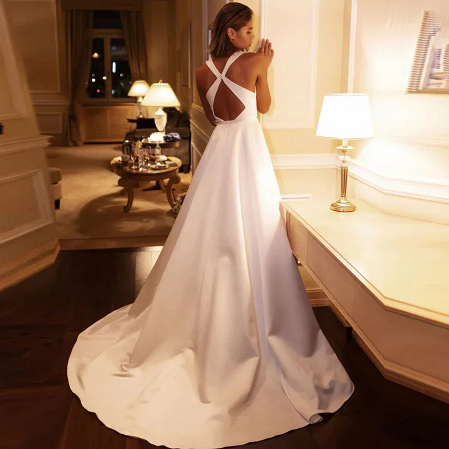 Beach Simle Plus Size A Line Wedding Dresses Split Pleats Sleeves Jewel Neck Satin Sweep Train Garden Country Style Bridal Dress Gowns Vestidos De Nov