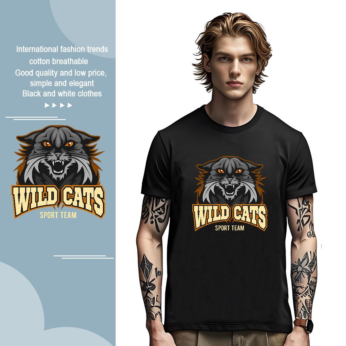 Popular Men T Shirts wild cat Round Neck Short Sleeve Casual Daily Wear Custom Print Oversized 230g Cotton Mens Tshirts 2024 Summer Tee Shirt