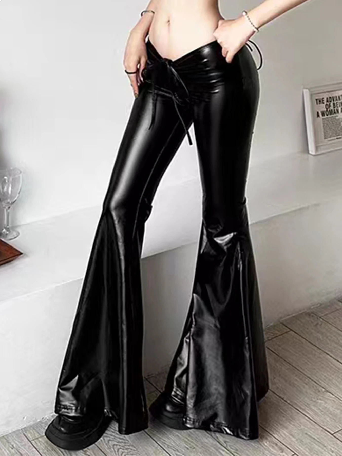 spring and summer personalized drawstring folding bow PU leather glitter pants European American sexy casual 240819