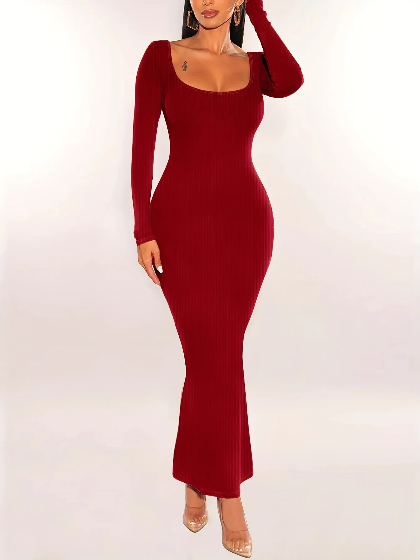 Women Ribbed Knit Long Sleeve Maxi Dress Slim Fit Solid Color Bodycon Pencil Long Dress Casual Fall Spring Clothes 240819