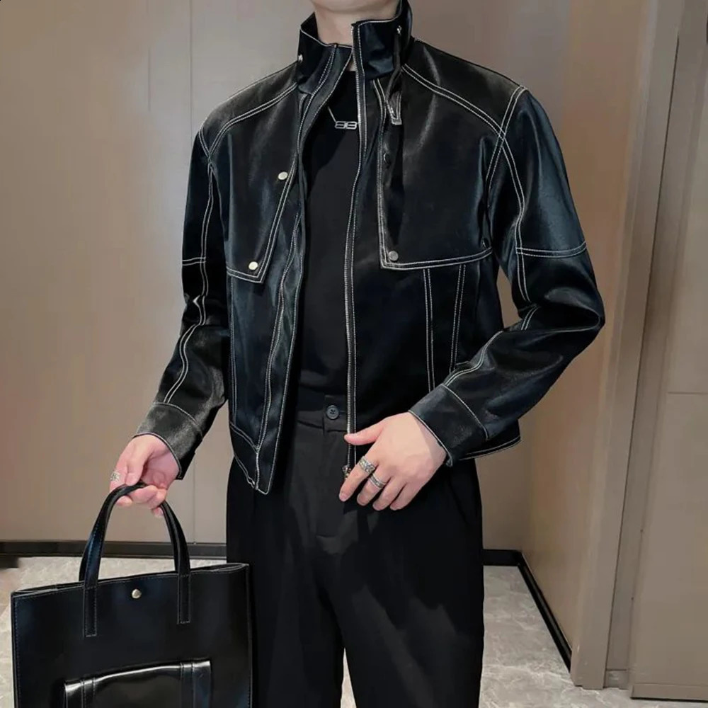 Men Y2k Matte Biker Leather Jacket Genderless Autumn Winter Nightclub Trendy Street Stand Collar Topstitch Leather Jacket Unisex 240809