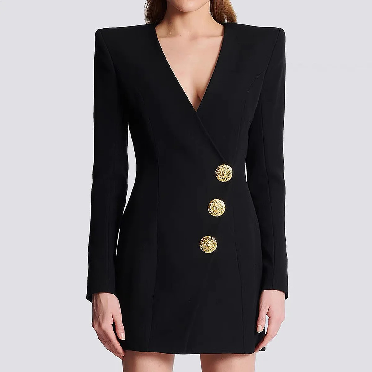 Fall Winter Sexy V-neckline Single-breasted Long Sleeve Women Office Blazer Short Mini Slim Black Dress 240819