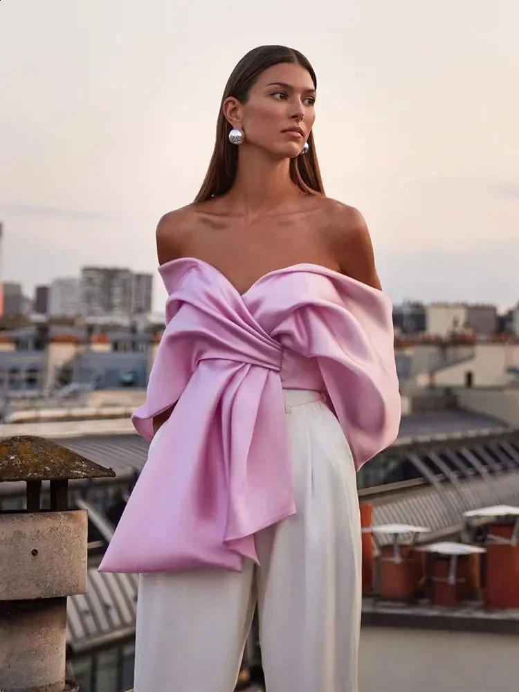 Elegant satin womens top sexy backless pleated bow lace streetwear womens shirt 2024 spring/summer party shoulder top 240820