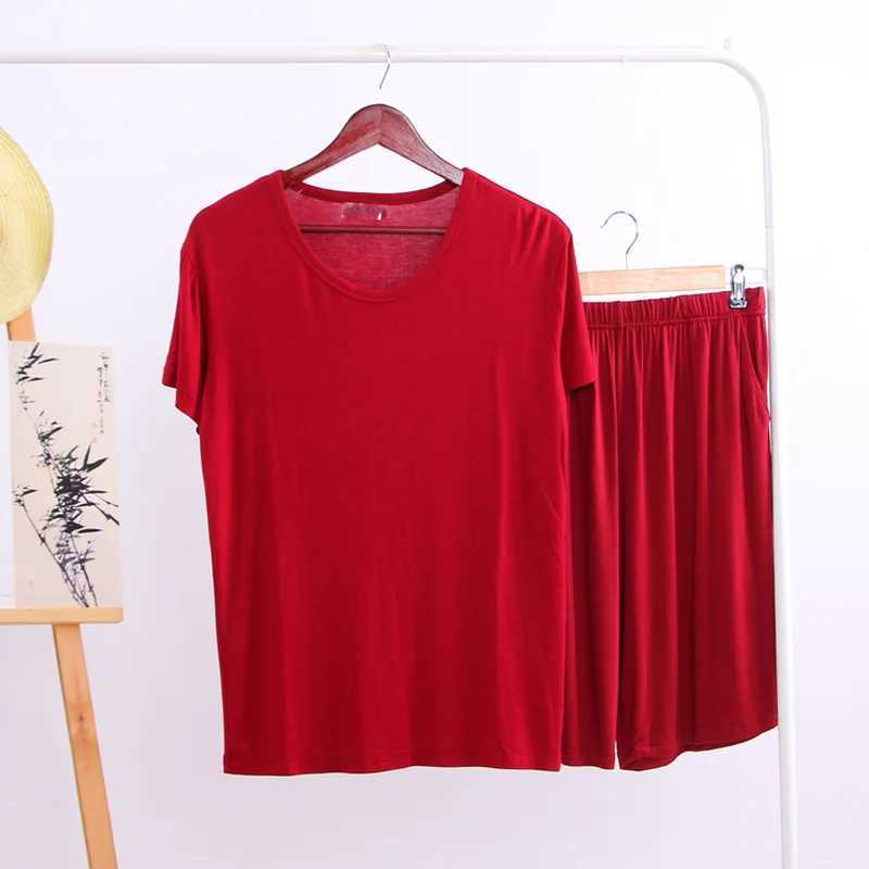 Summer Modal Pajama Set Thin Short sleeved T-shirt Short sleeved Mens Casual Set 2-piece V-neck Solid Color Home ClothesW240719