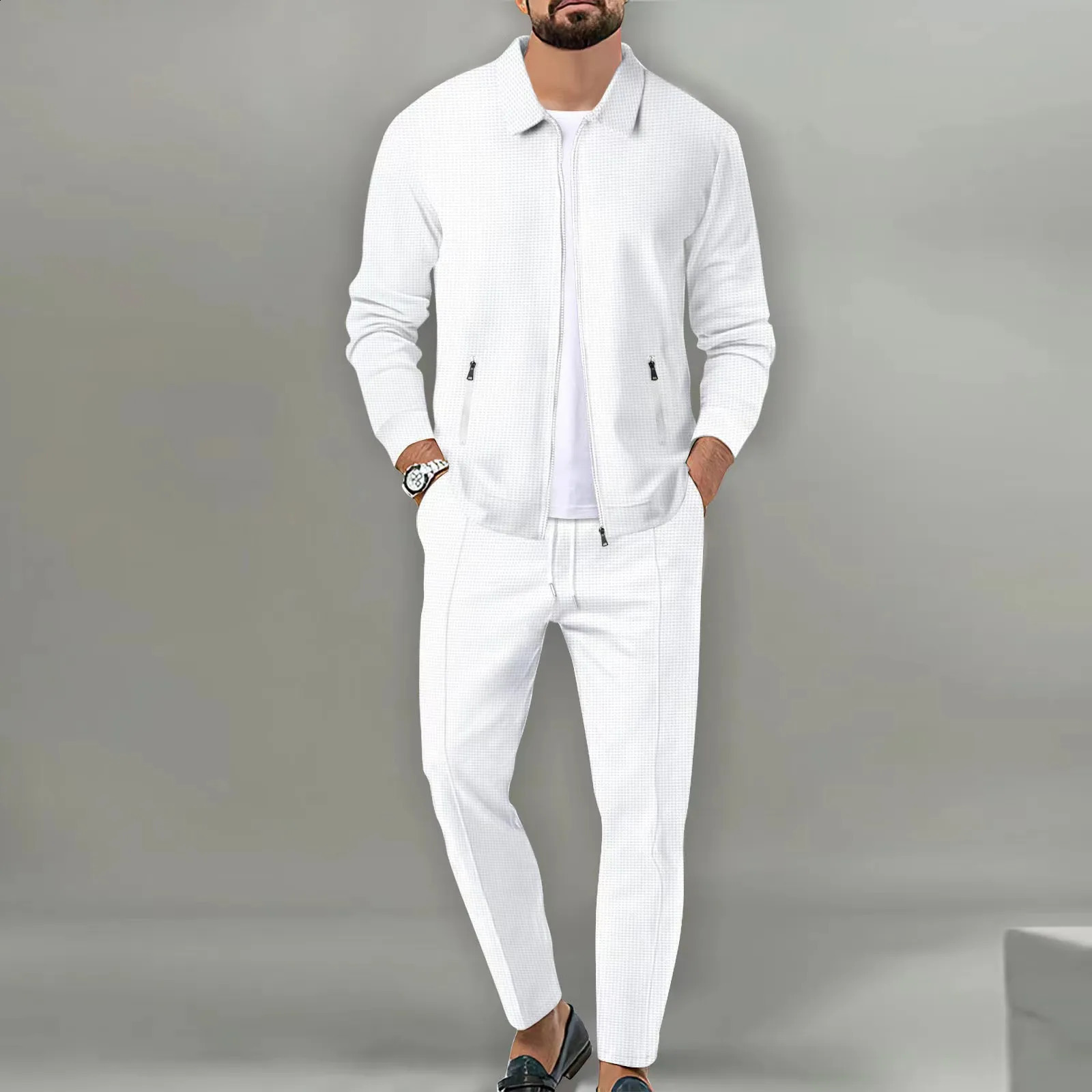 Spring Autumn Mens Two Piece Set Solid Waffle Zipper Pocket Turn-down Collar Slim Fit Cardigan Coat And Long Pants Mens Suits 240819
