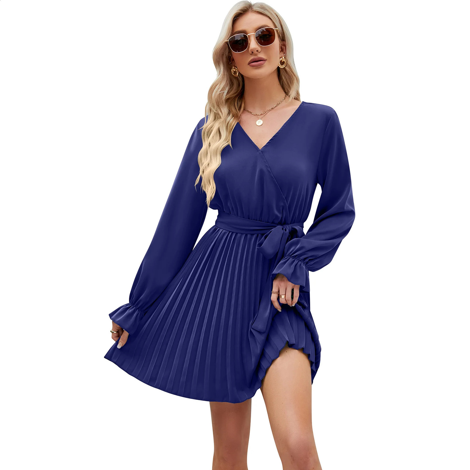 Womens Dress Spring Autumn Female Long Sleeve Dress V-neck Lace Casual Pleated Dress Soft Comfy Vintage Womens Dress 240819