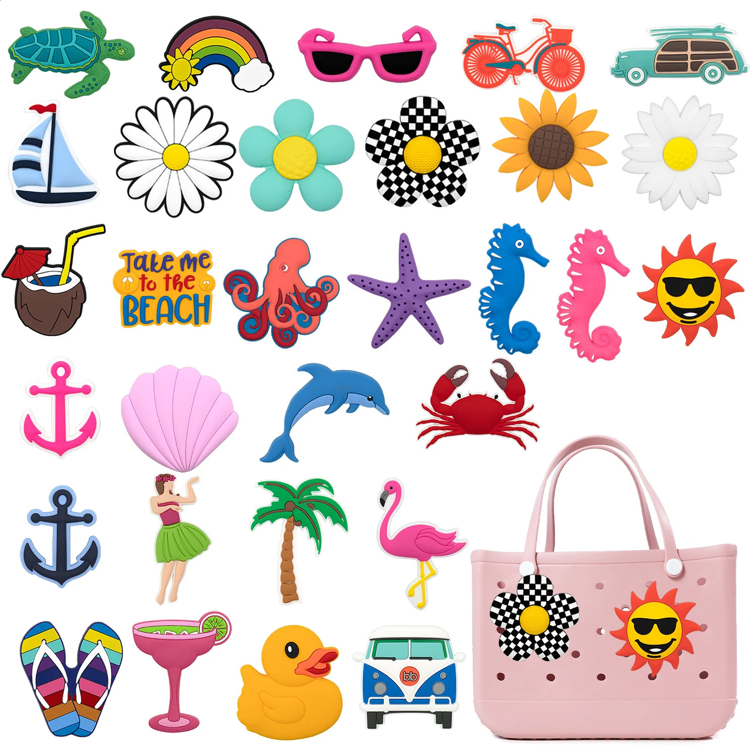 1 PVC Sunflower Palm Beach Bag Charm Decoration with Rainbow Coconut Duck Tote Accessories 240820