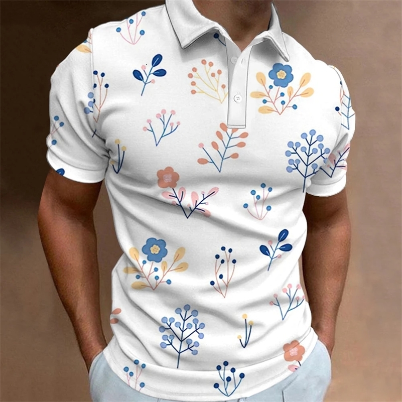 Mens Polo Shirt Street Casual Short Sleeve Flower Print Buttons Tops Fashion Pullover Oversized Clothing Male Golf Wear 240819