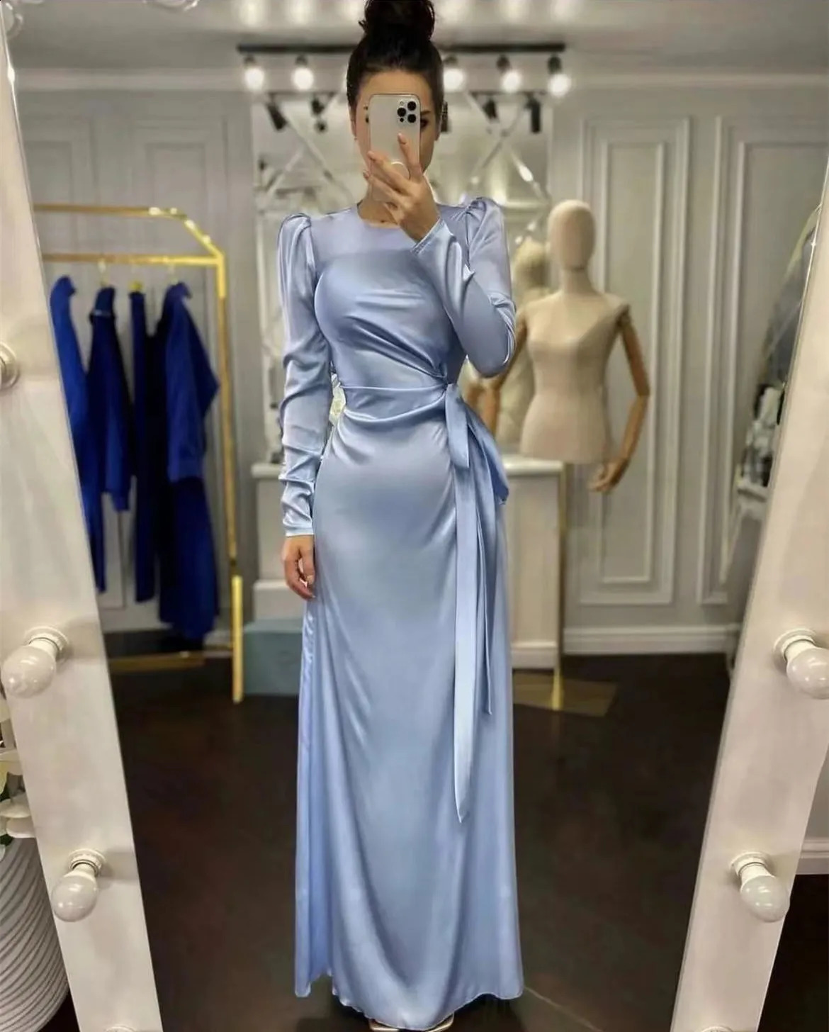 High Quality Sexy O Neck High Slit Irregular Silk Party Dress Women Retro Belt Satin Elegant Long Sleeve Solid Maxi Dress Mujer 240819