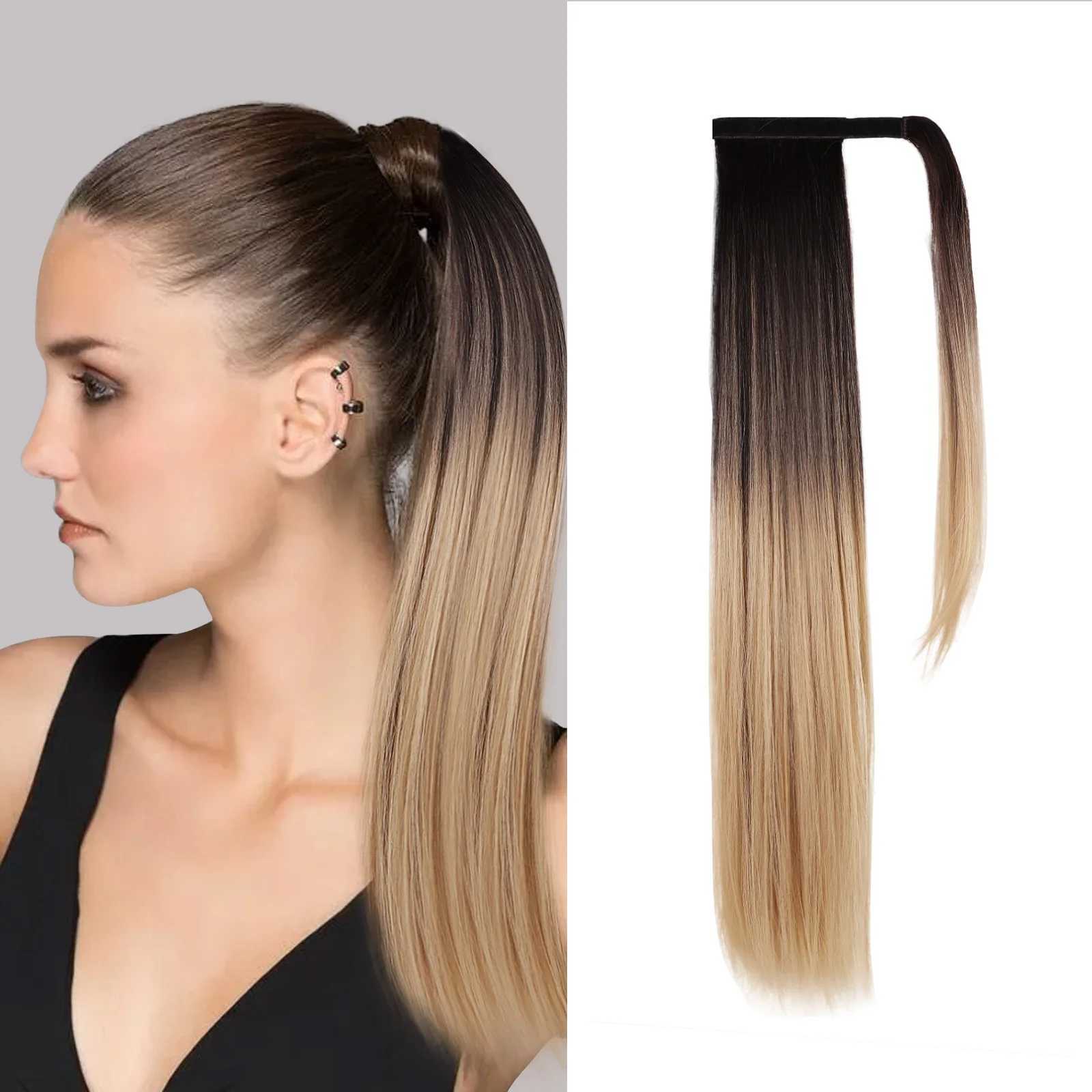 HAIRCUBE long straight clip on ponytail female hair extensions black to blonde brown Ombre synthetic ponytail wig W240817