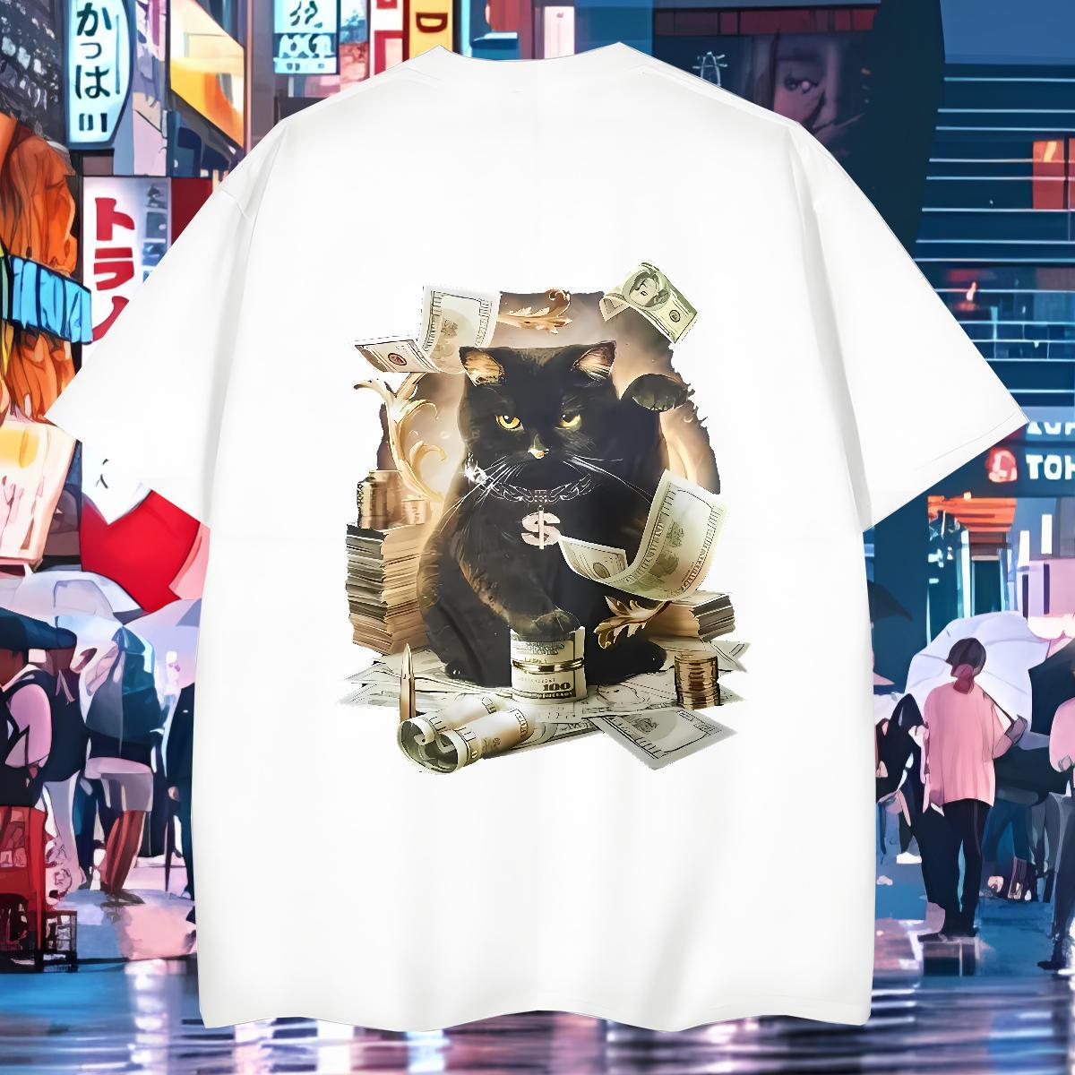 2024 Tshirt for Man Woman cat Hip Hop 230g 100% Cotton Tops Breathable Crew Neck Unisex Man T Shirts Graphic