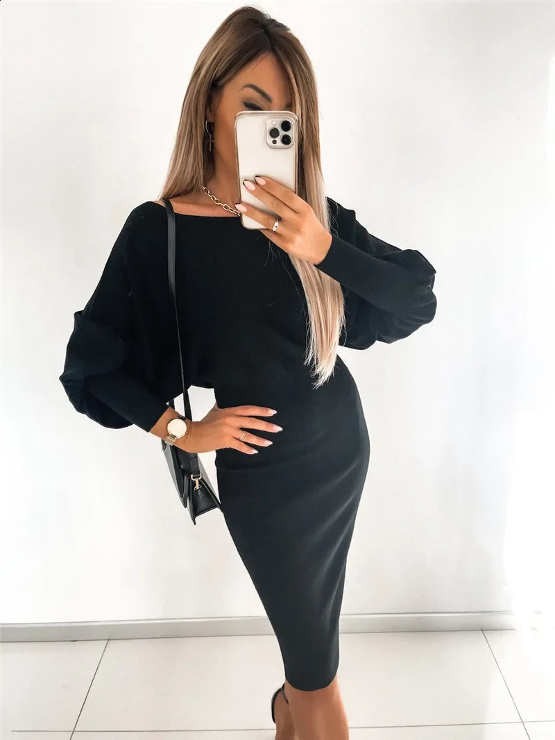 Spring Knitted Womens Dress Sexy Black Long Sleeve Bandage Midi Dresses Winter Fashion Skinny Elegant Ladies Clothes 240819