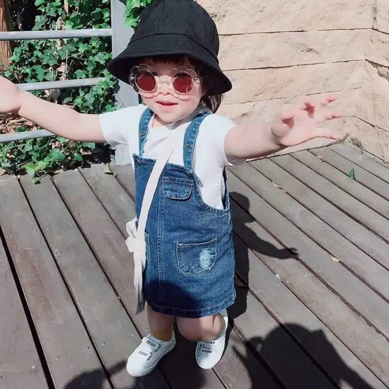 Girls fashionable straight denim dress with pockets summer baby and childrens jumpsuit for girls W240806