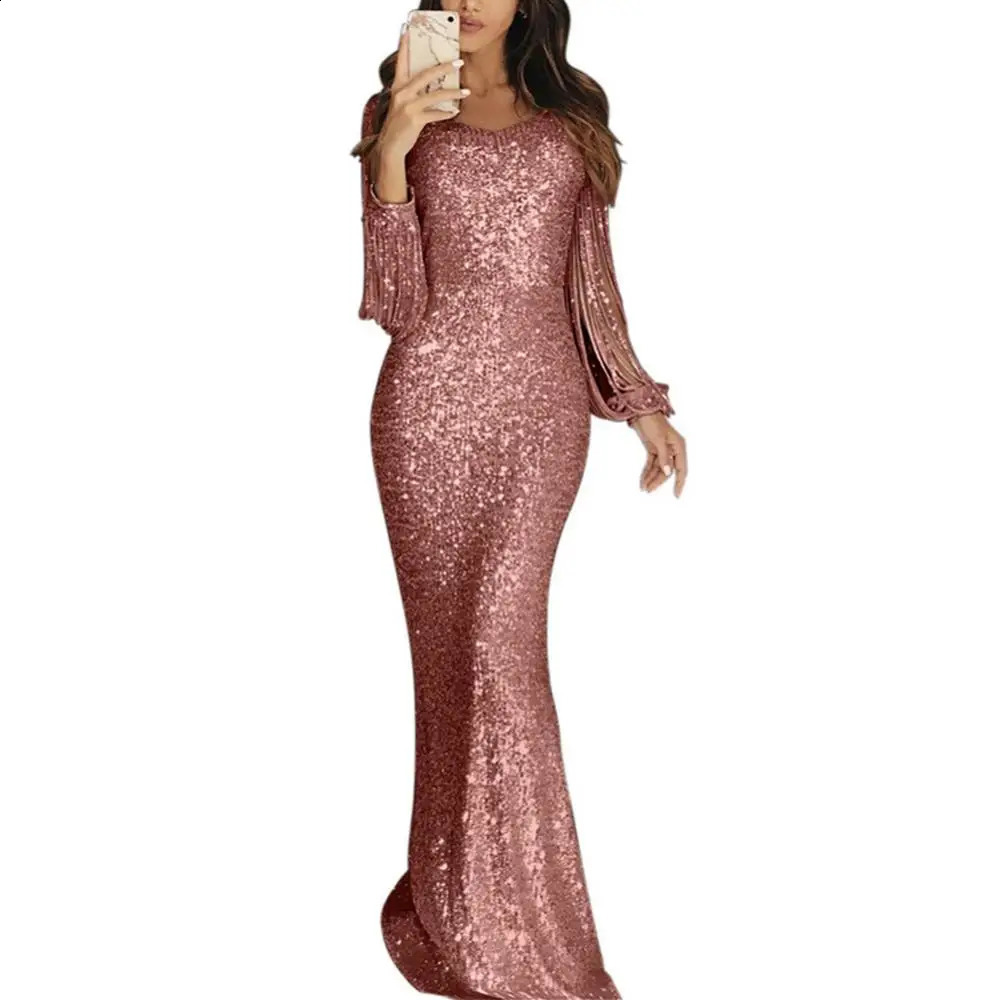 Elegant Ladies Vestidos Plus Size Chic Women Tassel Lantern Sleeve Sequined Tassel Long Sleeve V Neck Bodycon Party Maxi Dress 240819