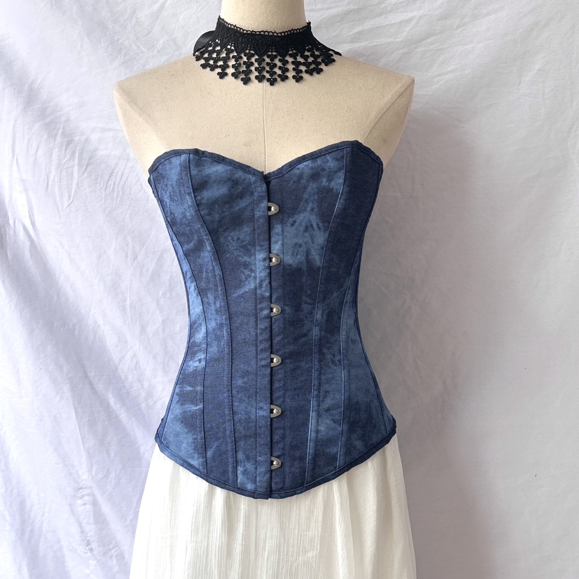 Retro Blue Denim Overbust Corset with Intricate Tie-Dye Pattern - Medieval Inspired Fashion S-3XL Plus Size for Cosplay and Renaissance Events