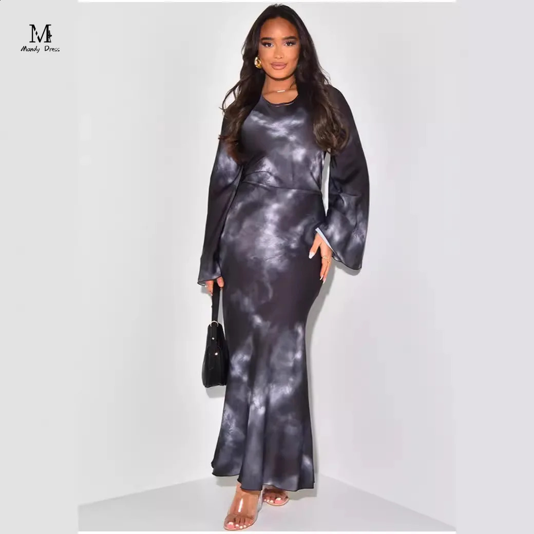 Elegant Women Print Maxi Dress Long Sleeve Loose O-neck Bandage Satin Clothing Fashion Lady Casual Dresses 240819