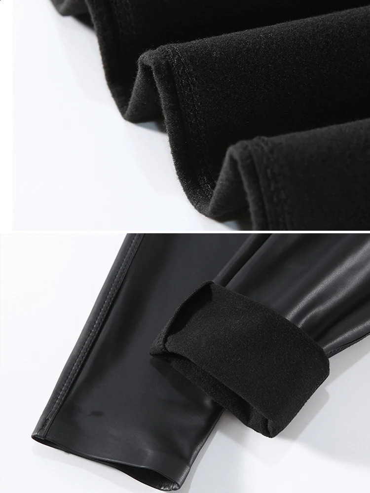 Autumn Winter Warm PU Leather Pants Womens High Waist Wool Fuax Tight Sexy Windproof Motorcycle 240819