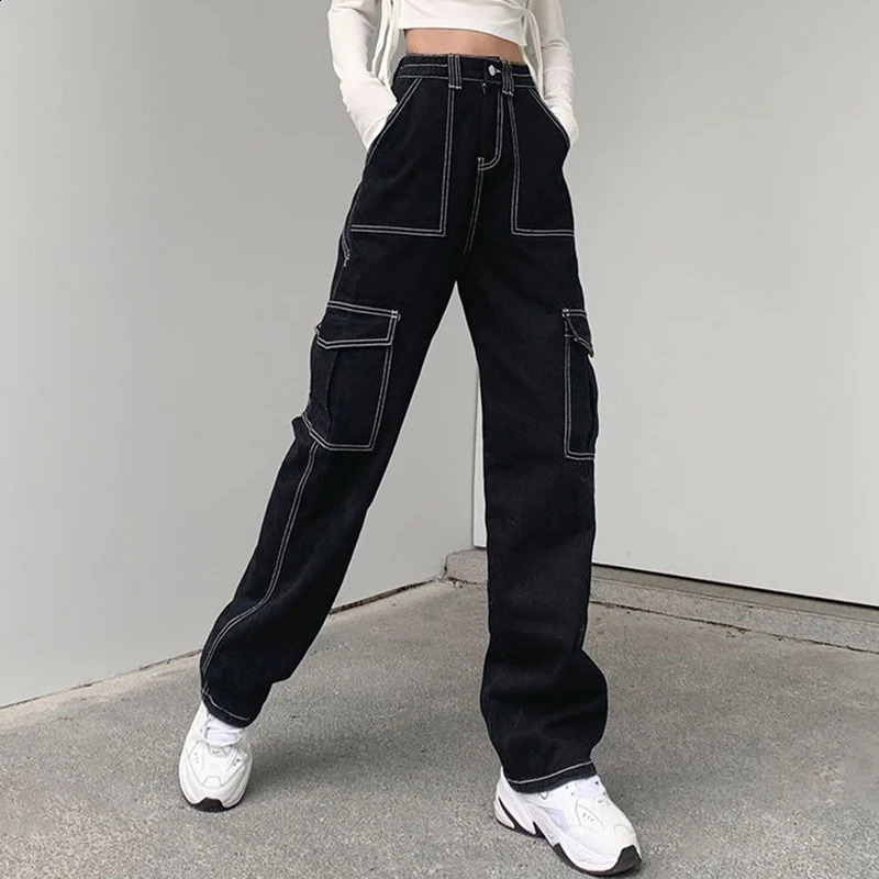 Biyaby Harajuku Pockets Patchwork Baggy Jeans Women Autumn Black Wide Leg Denim Trousers Woman Streetwear Loose Cargo Pants 240820