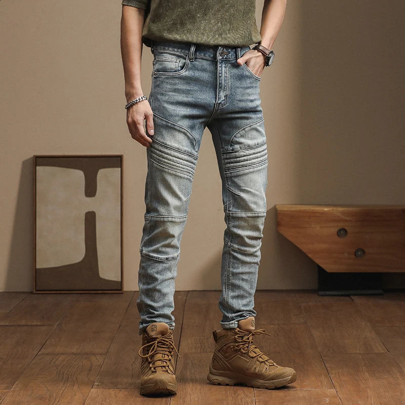 American high-end trend Slim personality craft splicing biker small leg pants vintage mens jeans distortion denim 240819