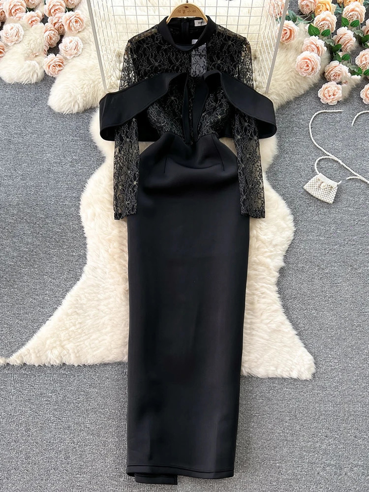 XFPV Female Stand Neck Long Sleeve Dress Lace Patchwork High Waist Hollow Out Elegant Vestidos Fashion Spring Autumn SM9558 240819