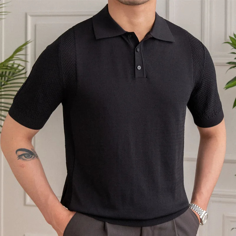 Top Quality Solid Color Polo Shirt Camisa Hombre Polo Shirt Men British Slim Lapel Summer Man Ice Silk Short Sleeve Knitted Polo 240820
