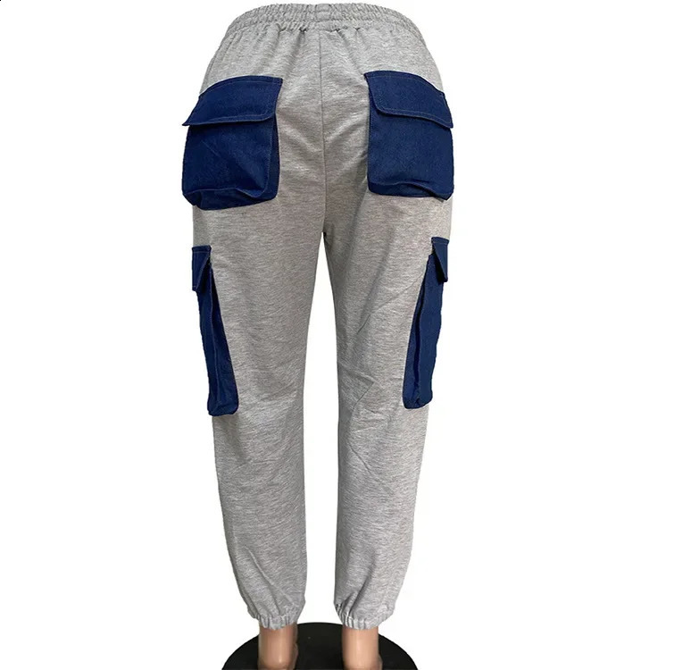 Women Streetwear Fashion Multi Denim Pocket Jogger Pants Autumn Winter Safari Style Cargo Sweatpants Trousers 240819