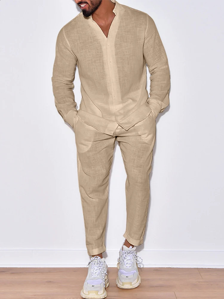 2024 autumn casual mens two-piece long sleeved button up shirt top and pants set mens casual breathable cotton linen dress 240819