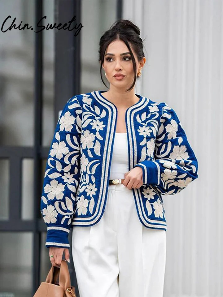 Autumn Floral Printed Short Coats Casual O-neck Long Lantern Sleeve Cardigan Women Jackets Lady High Street Outwears 240819