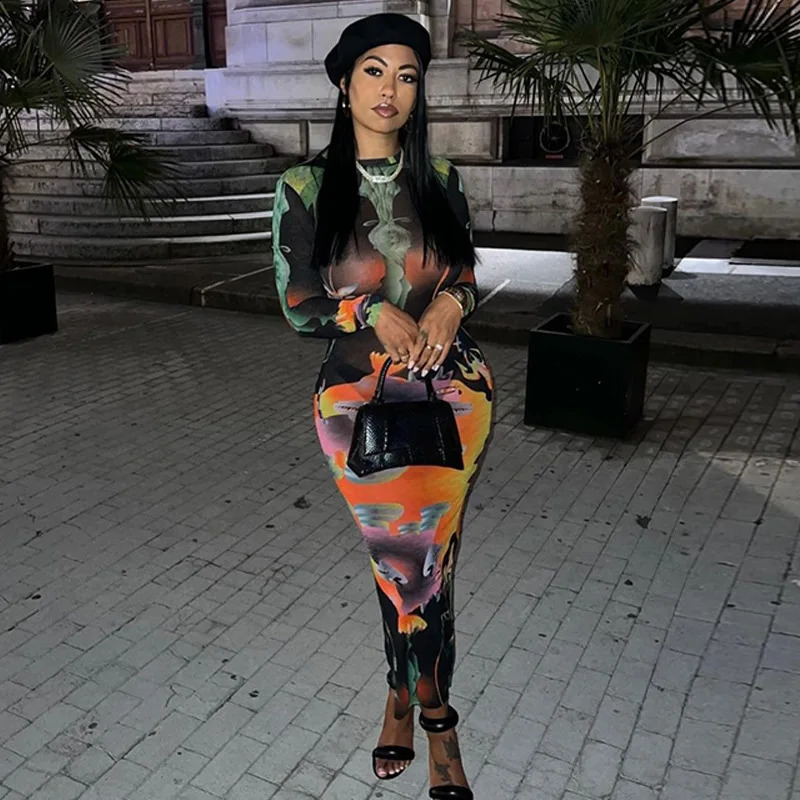 Print Long Sleeves Graphic Patchwork Sexy Slim Maxi Prom Dress Fall Women Casual Streetwear Party Y2K Clothes 240819