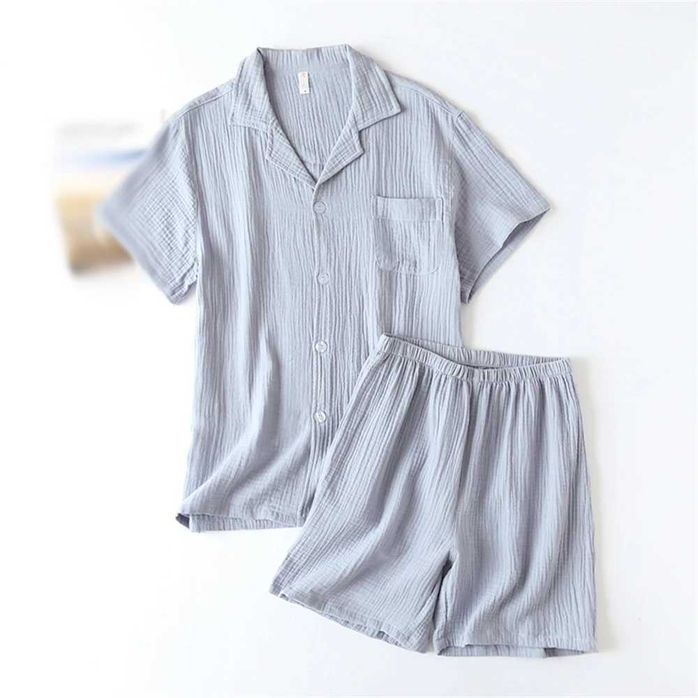 Cotton Crepe Mens Short sleeved Pajama Set with Collar Elastic Waist Short sleeved Thin Pajama Home Clothing Set Boys GiftW240719