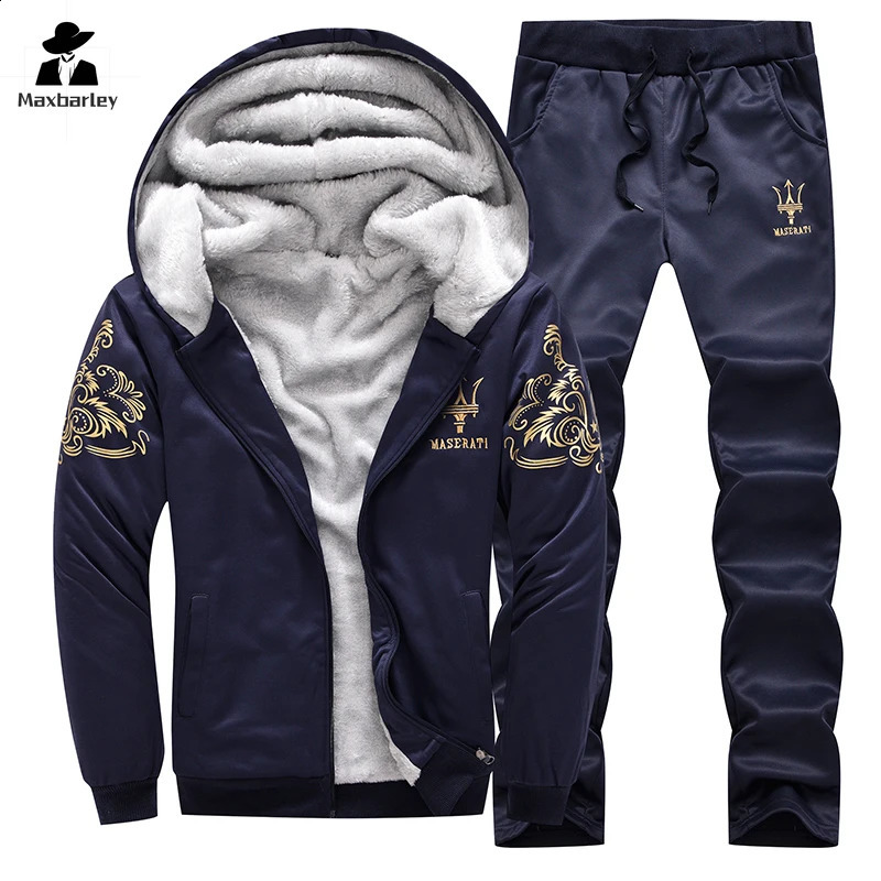 2024 Winter Thick Men Sports Suit Tracksuit Hooded Sportswear Zipper Cardigan Hooded Woolen Trousers Pants Casual Men Set 240819