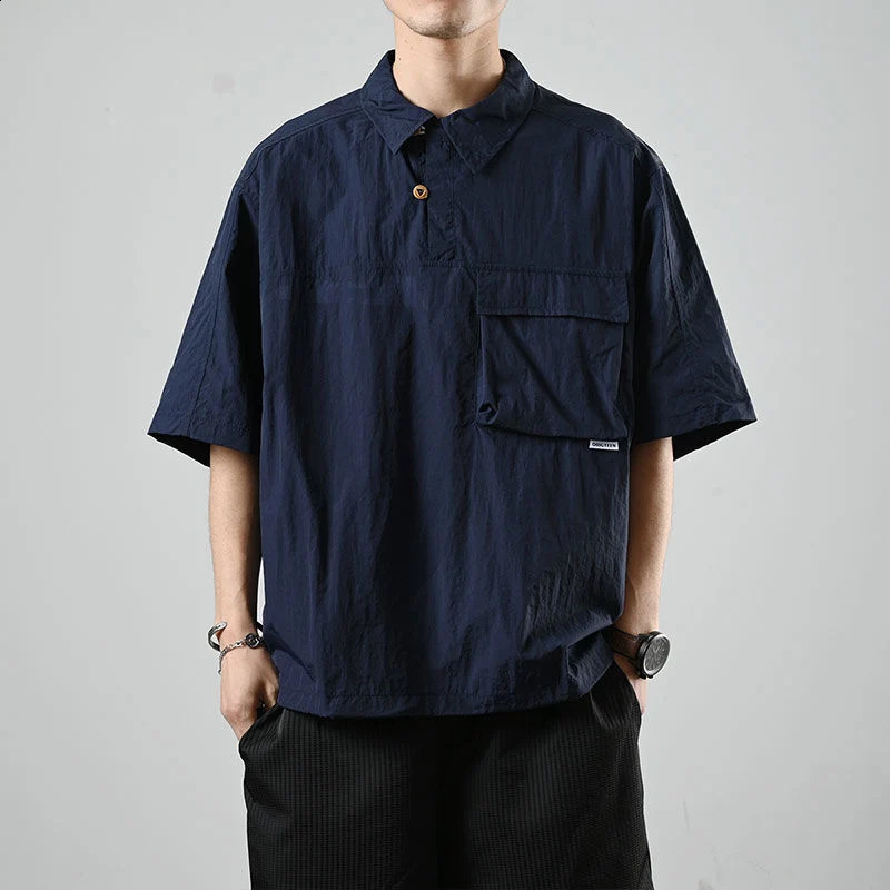 Summer Japan Style Vintage Short Sleeve Men Polo T Shirts Casual Fashion Harajuku All-match Oversized Couple Clothing Brown Blue 240819