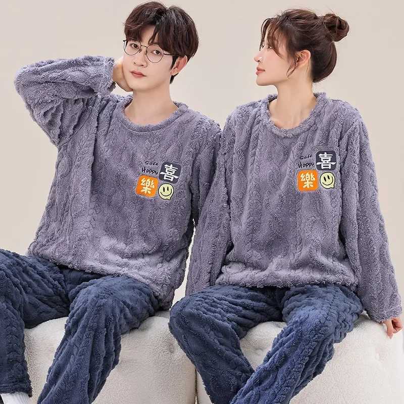 New couple pajamas set Warm flannel plush winter long sleeved O-neck pajamasW240719