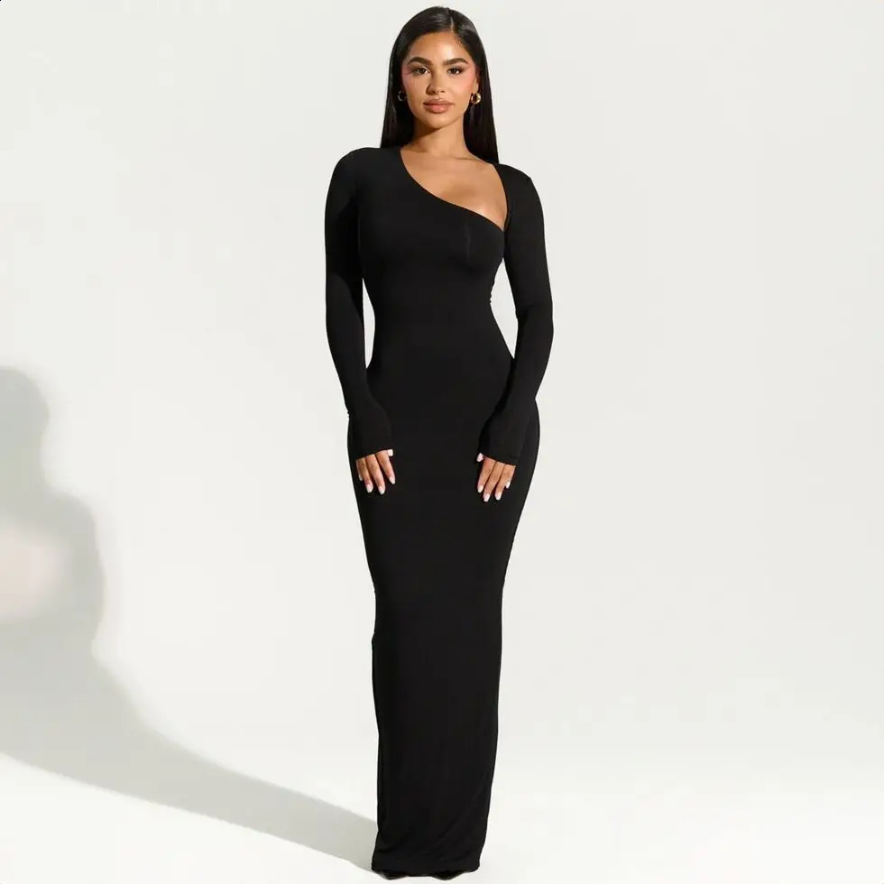Sexy Black Evening Party Dress Women Elegant Fall Winter Outfits Asymmetrical Long Sleeve Slit Maxi Dresses 809 240819