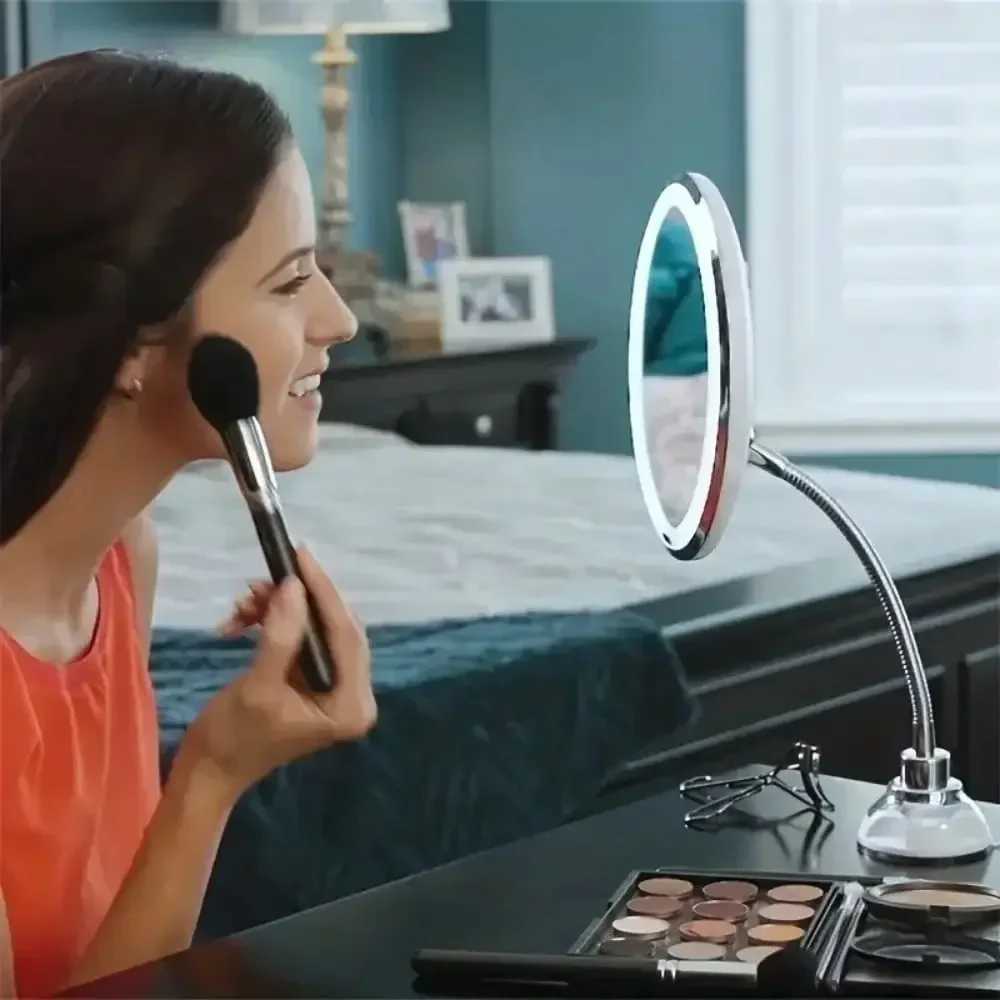 Flexible Gooseneck Makeup Mirror with LED Light 10X Magnifying Mirror Suction Cup Bright Diffused Light and 360 Degree Swivel Y240819