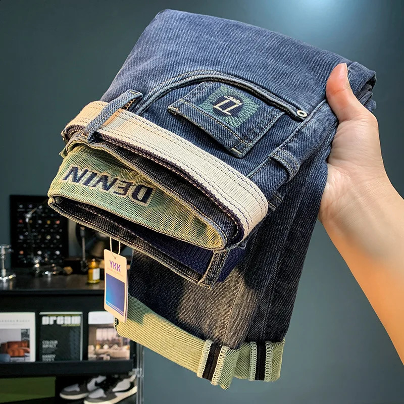 Mens Jeans Fashionable Trendy High-End Embroidery Stretch Slim-Fitting Ankle-Tied Washed Handsome Pencil Pants Trousers 240819
