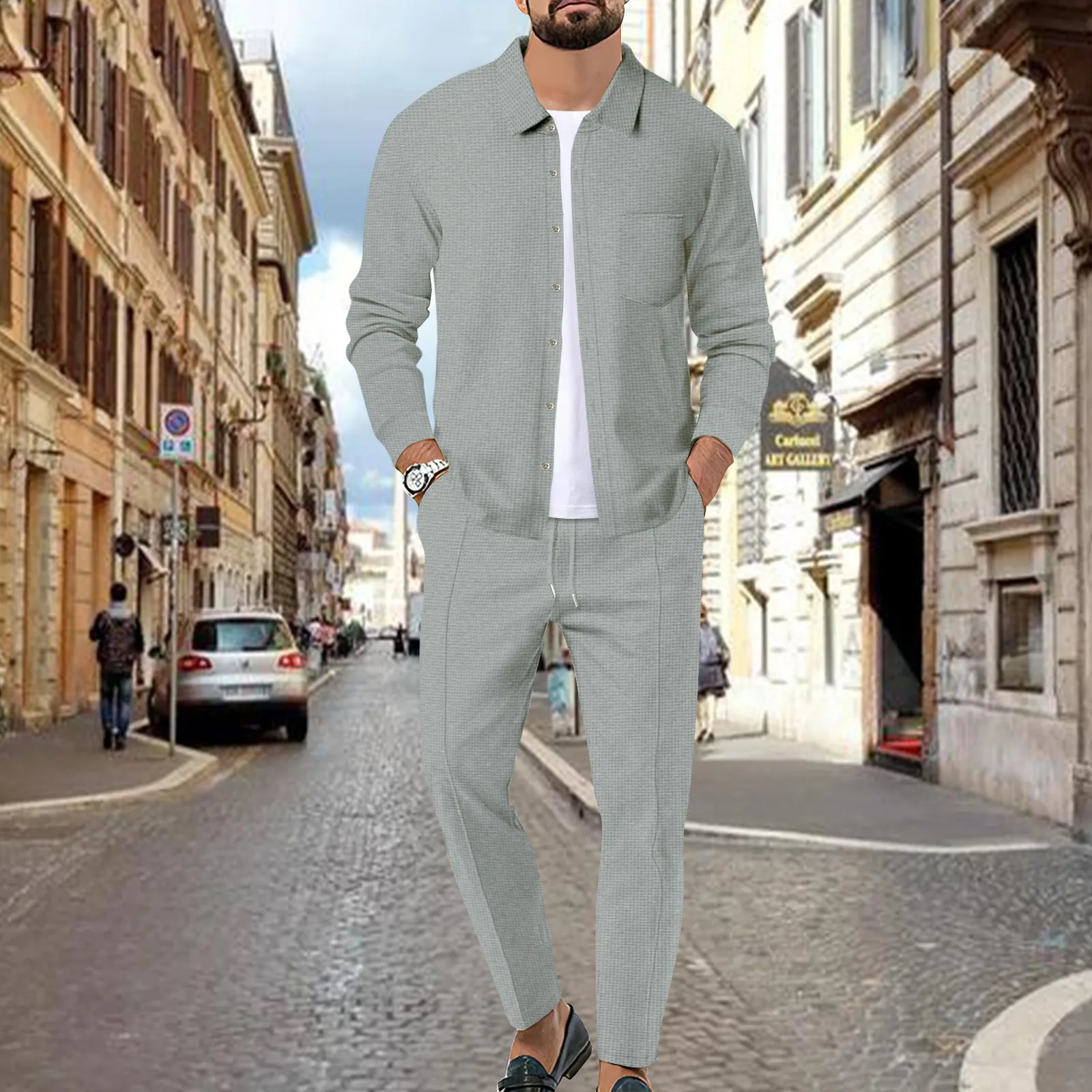 Mens summer casual long sleeve button cardigan shirt Waffle daily pants two sets 240819
