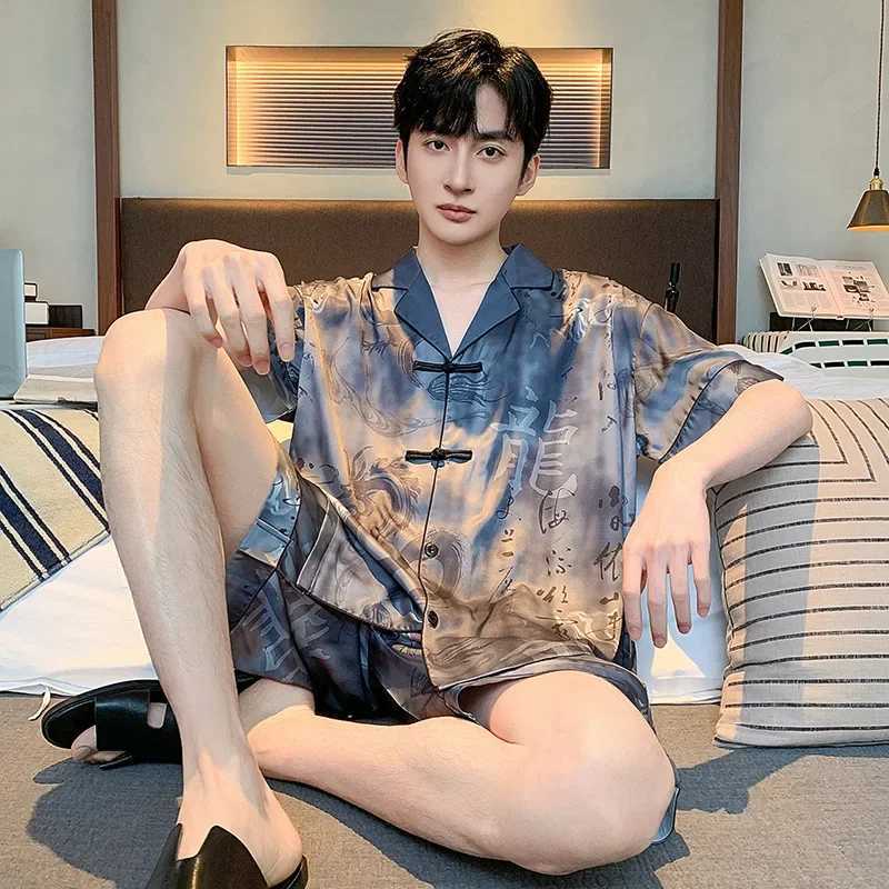 2024 Summer New Mens Pajama Set with Silk Ice Silk Loose Comfortable Pajama SetW240719