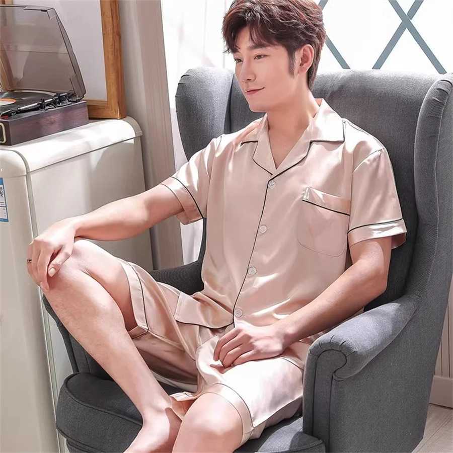 2024 Summer Mens Pajama Set Large Silk Short sleeved Top and Short sleeved Satin Pajama Home Clothing Evening Dress Mens Casual ClothingW240719