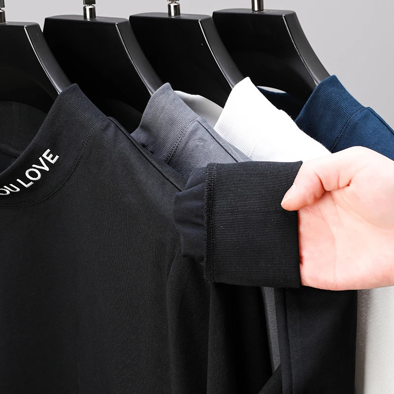 High Quality Mens T-Shirt Spring Summer Letter Embroidered Long Sleeve Korean Business Fashion Top Trend Mens Clothing 240820