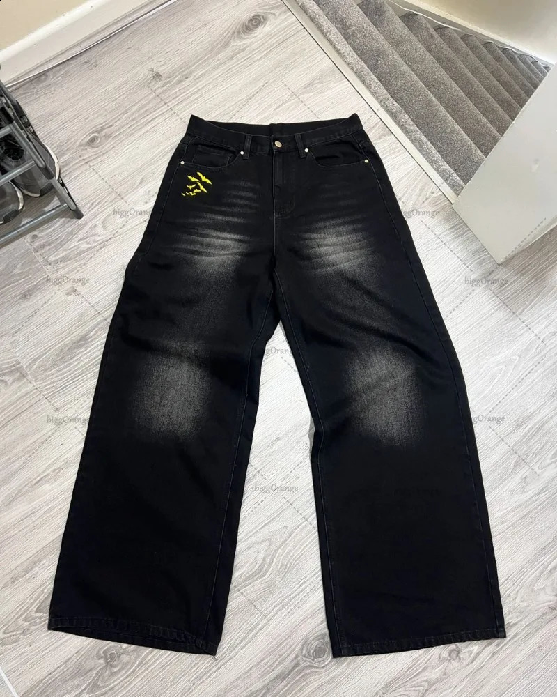 American Style Baggy Oversized Jeans Y2K Harajuku Retro Hip-hop Streetwear Gothic Bat Pattern Casual Straight Wide-leg Pants Men 240819