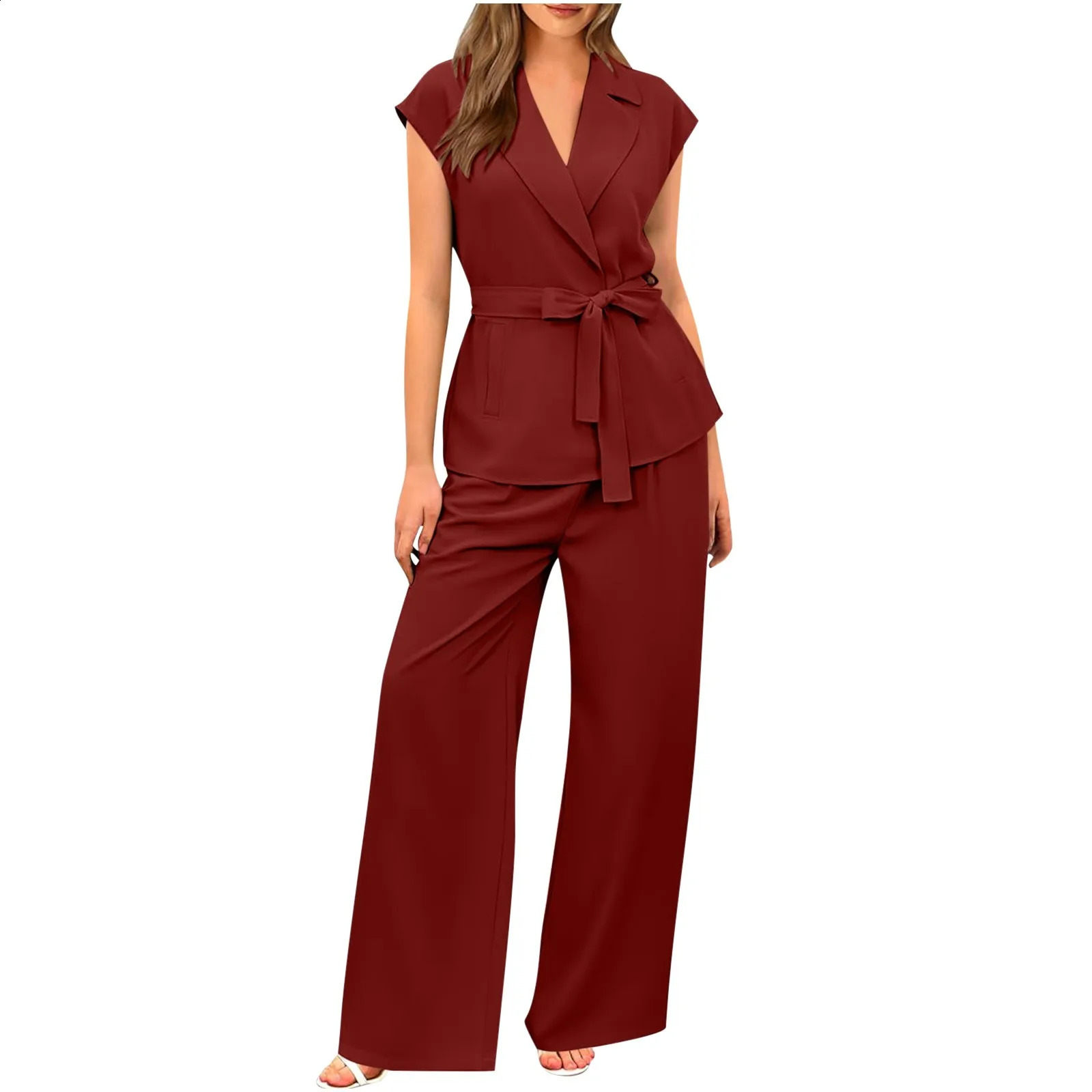 2024 WomenS Pant Set Fashion Casual Sleeveless Loose Lace-Up Cardigan Top Elegant Vintage High Waist Wide Leg Trousers 2-Piece 240819