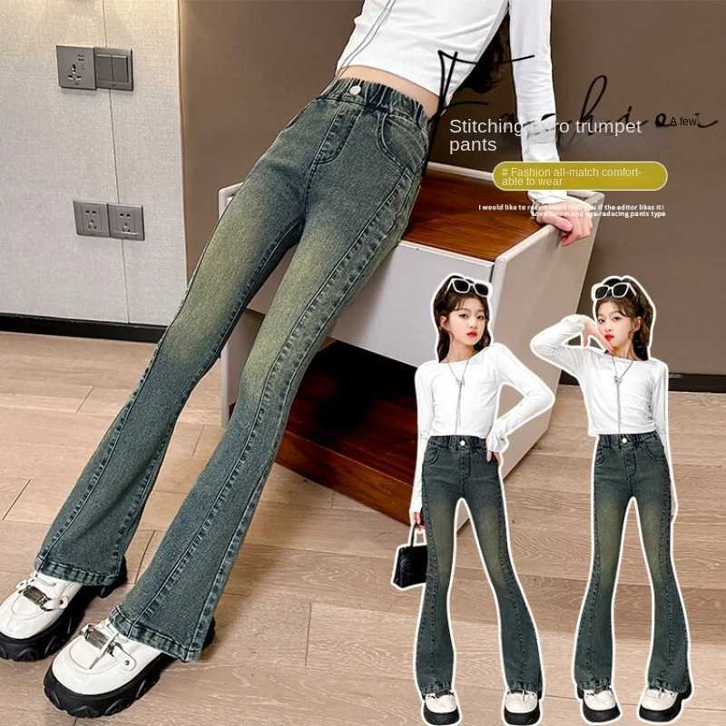 Childrens clothing spring autumn patchwork denim Flared Pants ultra-thin American retro denim Trouser solid color breathable casual jeansW240819