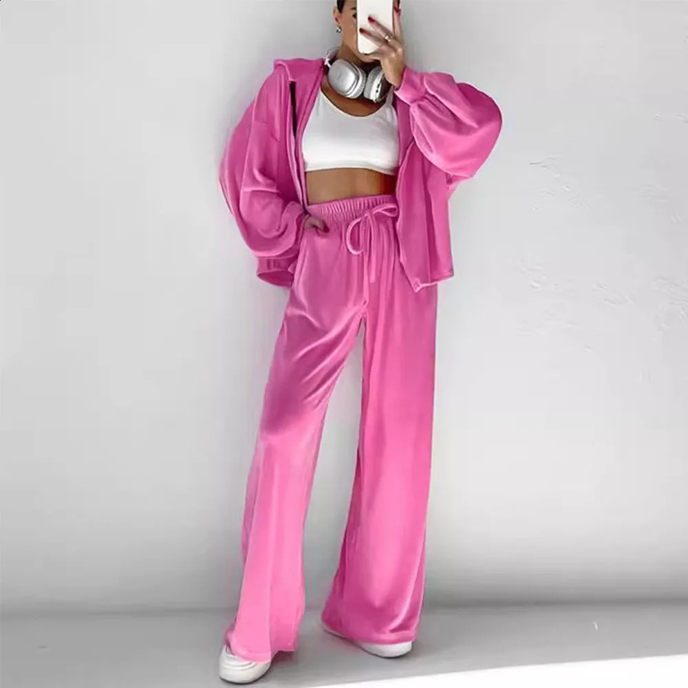 Autumn Womens Veleft Tracksuits Solid Long Sleeve Loose Hooded Zipper JacketHigh Waist Wide Leg Pants 2piece Set 240819