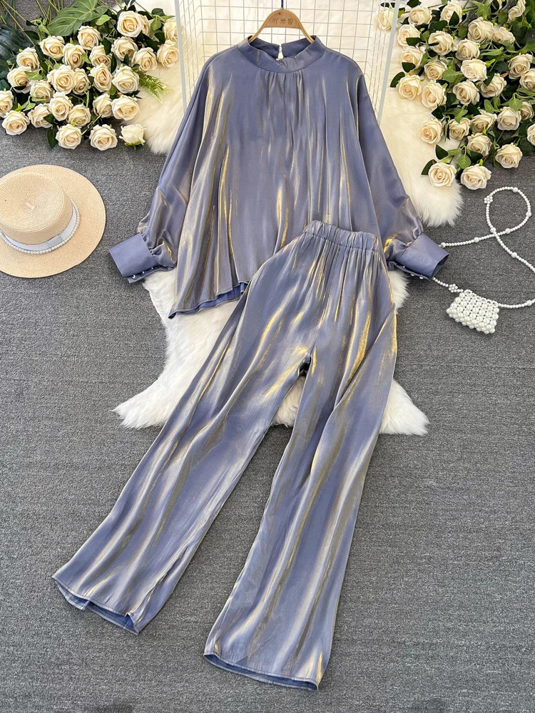 XFPV Women Loose Stand Collar Lantern Sleeve Solid Color Korean Version Coat Wide Leg Pants Two Piece Set Autumn SM9811 240820