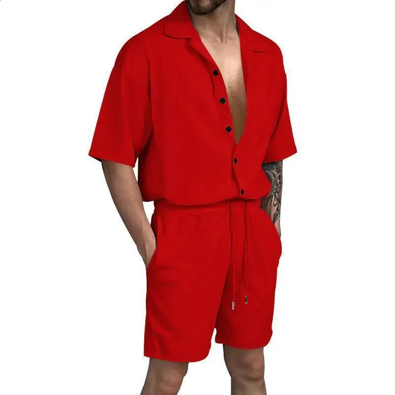 Fashion Mens Outfit Set Summer Beach Solid Short-sleeved Cardigan Shirt Shorts Suit Male Casual Suits Male Costumes Pour Hommes 240819