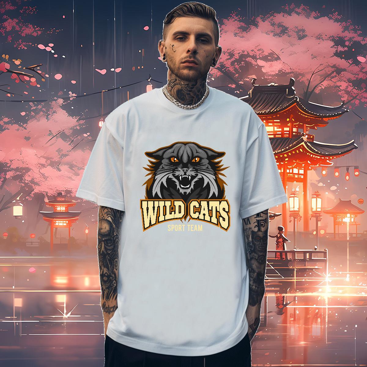Loose Fit Man T Shirts wild cat Breathable Crew Neck Sport Custom Anime 230g 100% Cotton Men Tees Wholesale Tops Tees