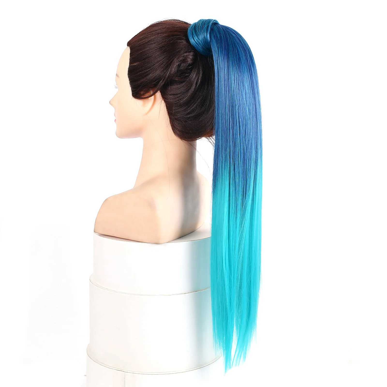 Zolins long straight synthetic ponytail with hair extensions wrapped around the ponytail. Green pink purple. Umbre girls hair W240817