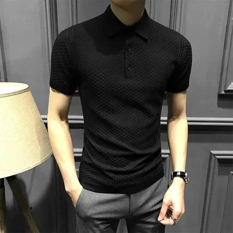 Man Short-sleeve Solid Color Tops Men Summer Y2K Business Casual Sport Chic Male Pullover Korean Fashion Elegant Polo T-shirt 240819